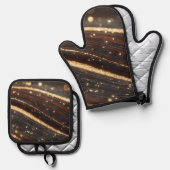 ダーククルミの木目ときらめく金ゴールド川 鍋つかみ&鍋敷きセット (正面/裏面)