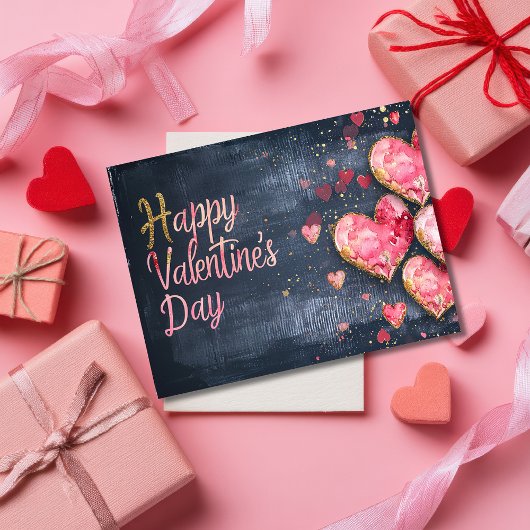 ダークグラウンド上のピンクと黄金のハートバレンタイン ポストカード