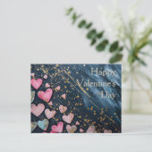 ダークグラウンド上のピンクと黄金のハートバレンタイン ポストカード (スタンド正面)