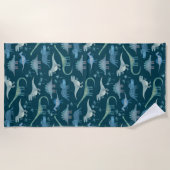 ダークグリーンかわいい恐竜のパターン ビーチタオル (正面)