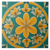 ダークグリーンとイエローフラワーのフローラ 地中海の タイル (正面)