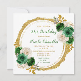 ダークグリーンとゴールドのエレガントな花の誕生日パーティー 招待状