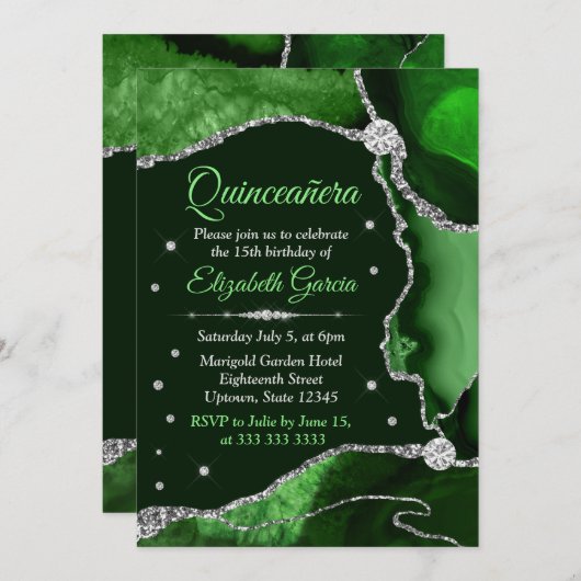 ダークグリーンとシルバーグリッターアゲートキンセアニェラ 招待状 (正面/裏面)