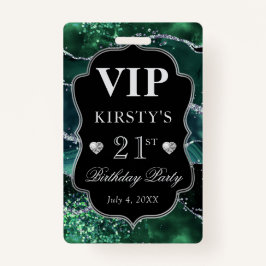ダークグリーンとシルバーグリッターアゲート誕生日VIP バッジ