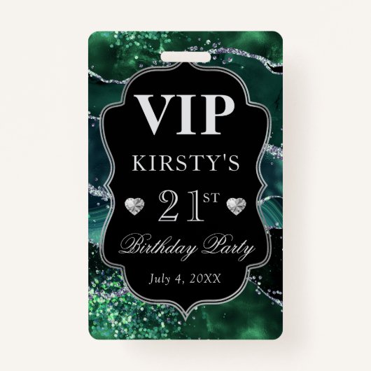 ダークグリーンとシルバーグリッターアゲート誕生日VIP バッジ (正面)