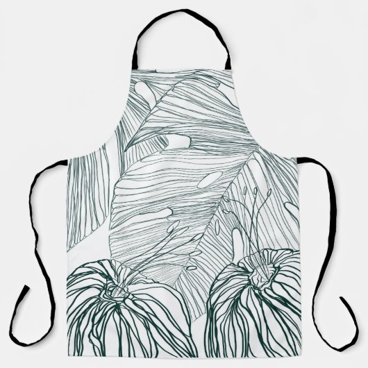ダークグリーンとティール(緑がかった色)モンステラ離れのとライリーの輪郭 エプロン (正面)