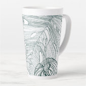 ダークグリーンとティール（緑がかった色）モンステラ離れのとライリーの輪郭 カフェラテマグ (右アングル)