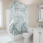 ダークグリーンとティール（緑がかった色）モンステラ離れのとライリーの輪郭 シャワーカーテン (インサイチュ)