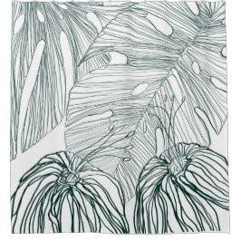 ダークグリーンとティール（緑がかった色）モンステラ離れのとライリーの輪郭 シャワーカーテン