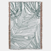 ダークグリーンとティール(緑がかった色)モンステラ離れのとライリーの輪郭 スローブランケット (正面縦)