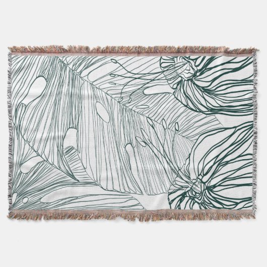 ダークグリーンとティール(緑がかった色)モンステラ離れのとライリーの輪郭 スローブランケット (正面)