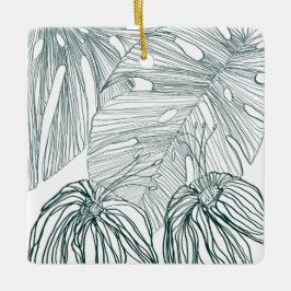 ダークグリーンとティール（緑がかった色）モンステラ離れのとライリーの輪郭 セラミックオーナメント
