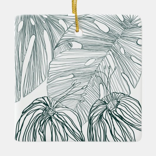 ダークグリーンとティール（緑がかった色）モンステラ離れのとライリーの輪郭 セラミックオーナメント (正面)