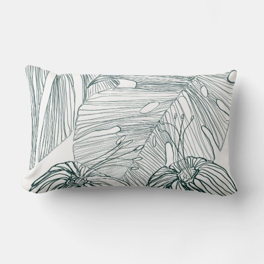 ダークグリーンとティール(緑がかった色)モンステラ離れのとライリーの輪郭 ランバークッション (正面)