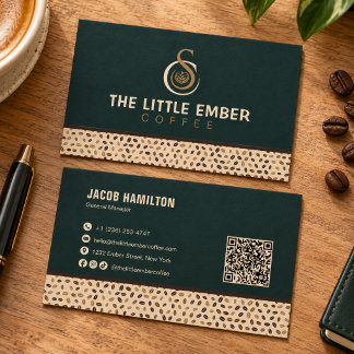 ダークグリーンとベージュのコーヒーショップQRコードデザイン 名刺