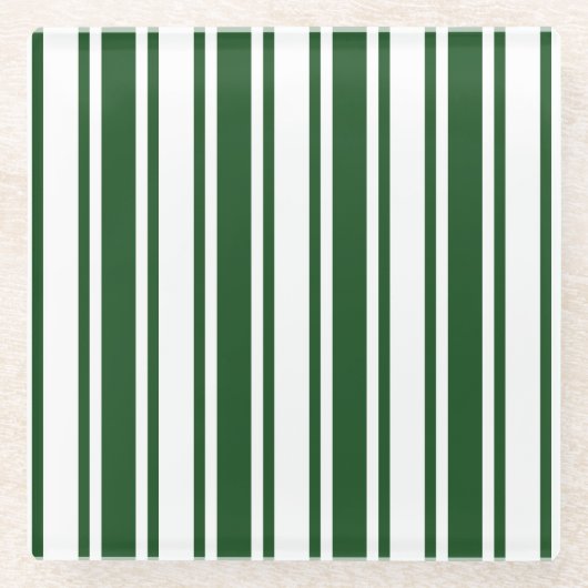 ダークグリーンとホワイトキャンディストライプー ガラスコースター (正面)
