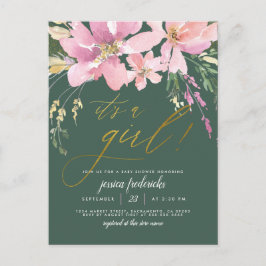 ダークグリーンと金ゴールドそれが女の子のフローラ赤ちゃんシャワー インビテーションポストカード