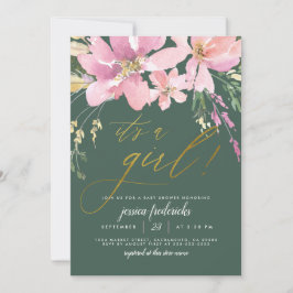 ダークグリーンと金ゴールドそれが女の子のフローラ赤ちゃんシャワー 招待状