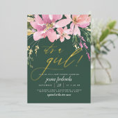 ダークグリーンと金ゴールドそれが女の子のフローラ赤ちゃんシャワー 箔招待状 (立ち正面)