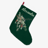 ダークグリーンにウォーターカラーの葉とベリーの名前入り ラージクリスマスストッキング (正面 (吊り時))