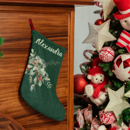 ダークグリーンにウォーターカラーの葉とベリーの名前入り ラージクリスマスストッキング