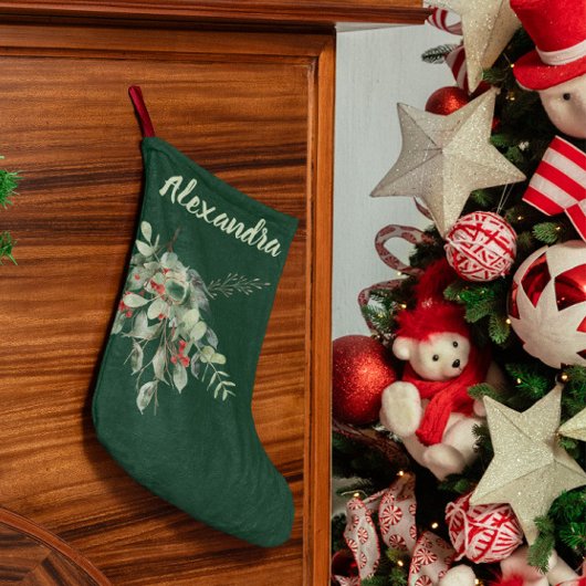 ダークグリーンにウォーターカラーの葉とベリーの名前入り ラージクリスマスストッキング