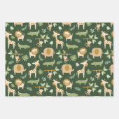 ダークグリーンのかわいいジャングル動物 ラッピングペーパーシート (正面)