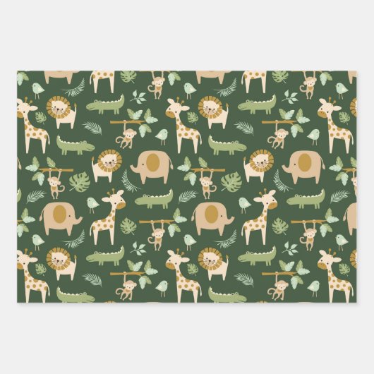 ダークグリーンのかわいいジャングル動物 ラッピングペーパーシート (正面)