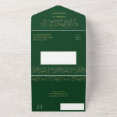 ダークグリーンのウェディングにゴールドの華やかな花のスワール オールインワン招待状 (外側)