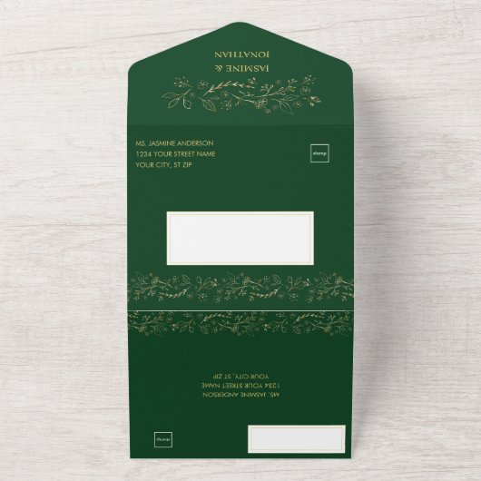 ダークグリーンのウェディングにゴールドの華やかな花のスワール オールインワン招待状 (外側)