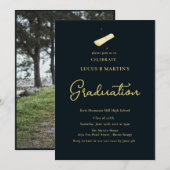 ダークグリーンのカリグラフィー・エレガントな写真 卒業式 招待状 (正面/裏面)