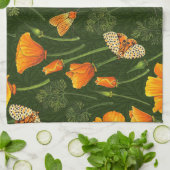 ダークグリーンのカリフォルニアケシと蛾 キッチンタオル (折り畳み)