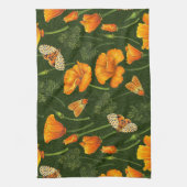 ダークグリーンのカリフォルニアケシと蛾 キッチンタオル (縦)