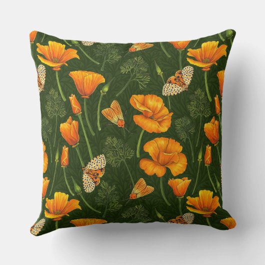 ダークグリーンのカリフォルニアケシと蛾 クッション (裏面)