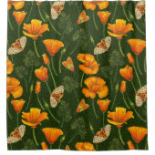 ダークグリーンのカリフォルニアケシと蛾 シャワーカーテン (正面)