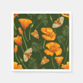 ダークグリーンのカリフォルニアケシと蛾 スタンダードカクテルナプキン (正面)