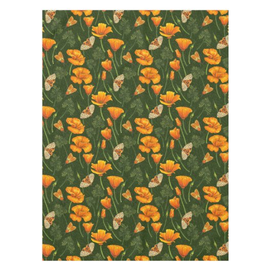 ダークグリーンのカリフォルニアケシと蛾 テーブルクロス (正面)