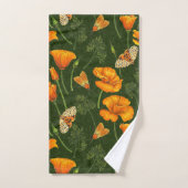 ダークグリーンのカリフォルニアケシと蛾 バスタオルセット (ハンドタオル)