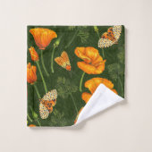 ダークグリーンのカリフォルニアケシと蛾 バスタオルセット (ウォッシュタオル)