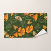 ダークグリーンのカリフォルニアケシと蛾 バスタオルセット (ハンドタオル)