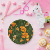 ダークグリーンのカリフォルニアケシと蛾 ペーパープレート (パーティー)