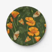 ダークグリーンのカリフォルニアケシと蛾 ペーパープレート (正面)