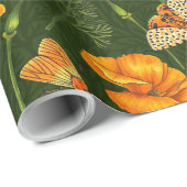 ダークグリーンのカリフォルニアケシと蛾 ラッピングペーパー (ロールコーナー)