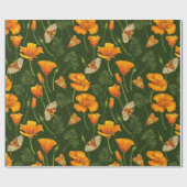 ダークグリーンのカリフォルニアケシと蛾 ラッピングペーパー (フラット)