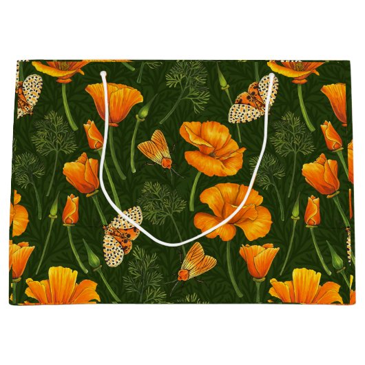 ダークグリーンのカリフォルニアケシと蛾 ラージペーパーバッグ (正面)