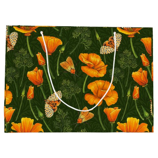 ダークグリーンのカリフォルニアケシと蛾 ラージペーパーバッグ (裏面)