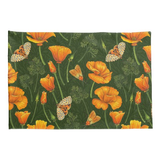 ダークグリーンのカリフォルニアケシと蛾 枕カバー (裏面-右)