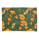 ダークグリーンのカリフォルニアケシと蛾 枕カバー (正面左)