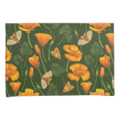 ダークグリーンのカリフォルニアケシと蛾 枕カバー (正面右)