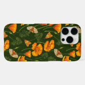 ダークグリーンのカリフォルニアケシと蛾 iPhoneケース (裏面横)